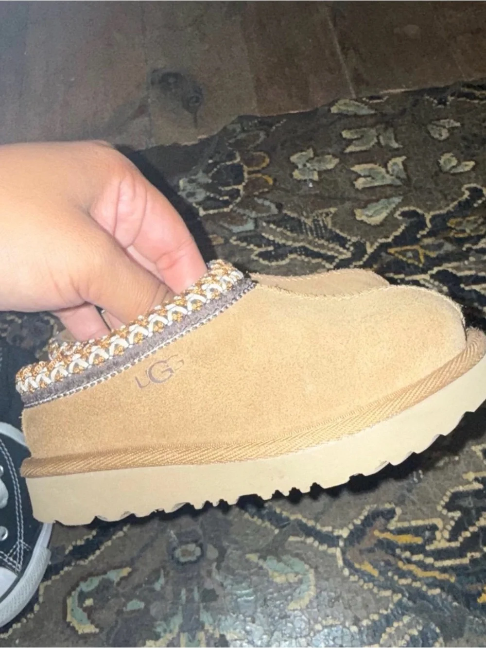 UGG Kids Chestnut Suede Slip-On Slippers with Braided Trim